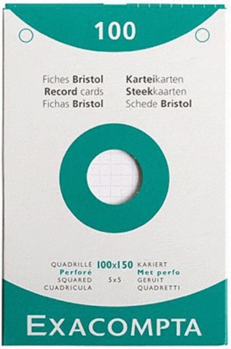 ETUI DE 100 FICHES BRISTOL - QUADRILLE 5X5 PERFORE 100X150MM - EXACOMPTA - NC