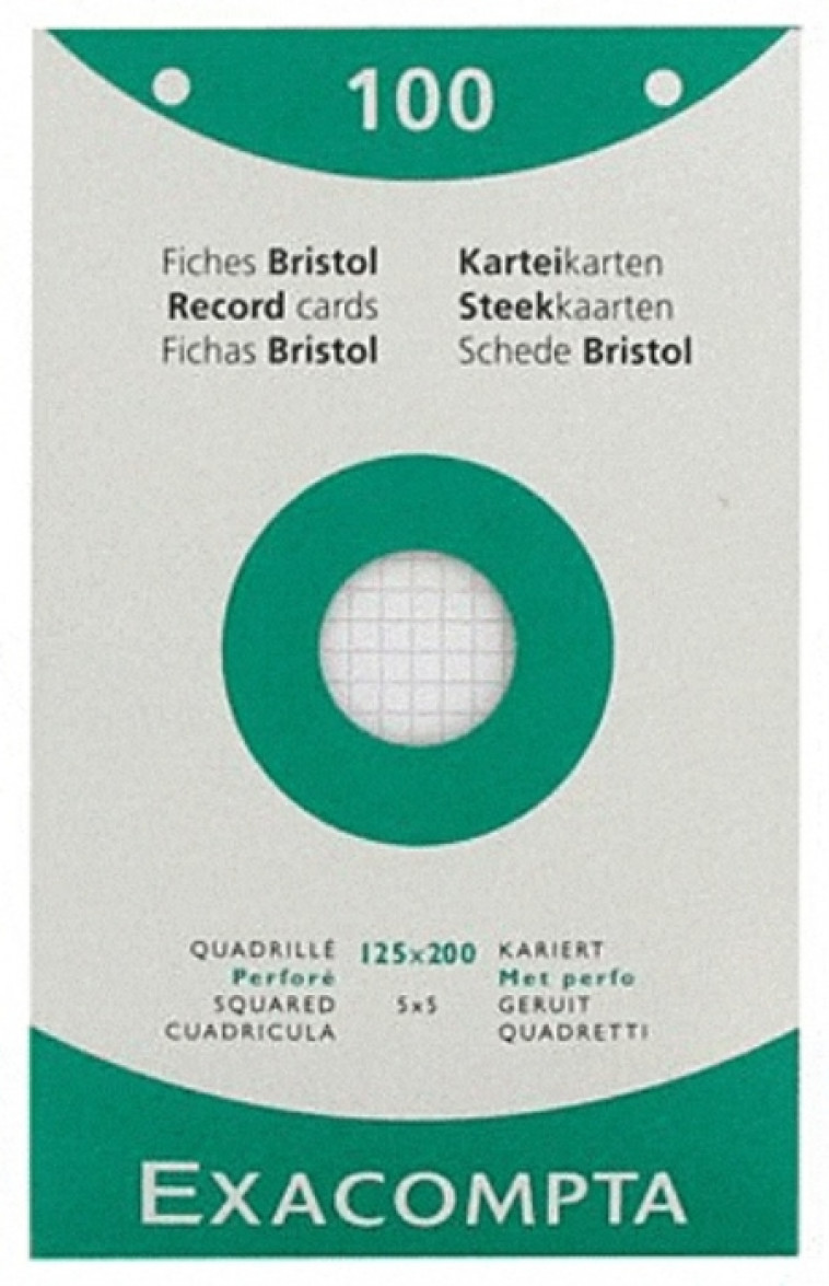 ETUI DE 100 FICHES BRISTOL - BLANC QUADRILLE 5X5 PERFORE 125X200MM - EXACOMPTA - NC