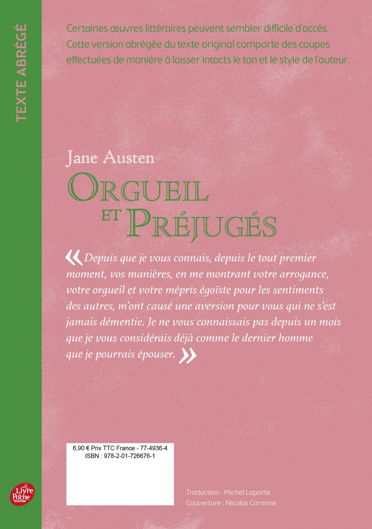 Orgueil et préjugés - Edition abrégée - AUSTEN Jane, Laporte Michel - POCHE JEUNESSE