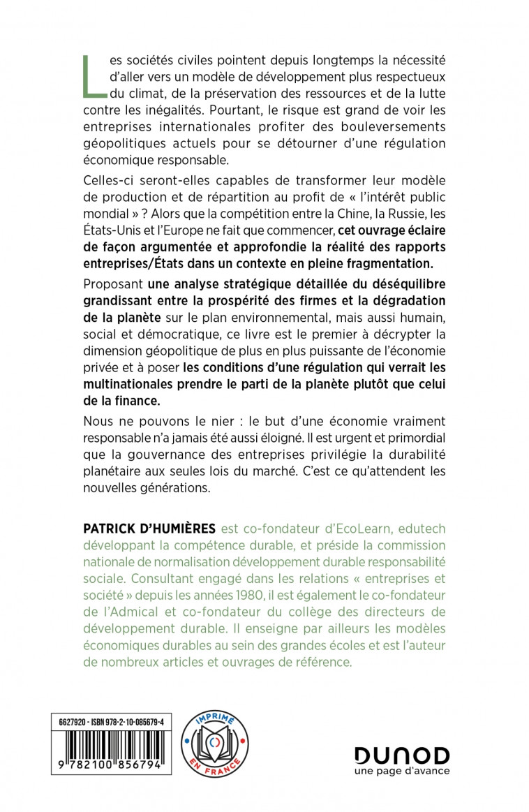 Entreprise et géopolitique : le business ou la planète - D'Humieres Patrick - DUNOD