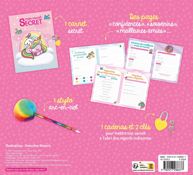 Mon carnet secret bébés licornes - coffret avec stylo fantaisie - Amandine Notaert - DEUX COQS D OR