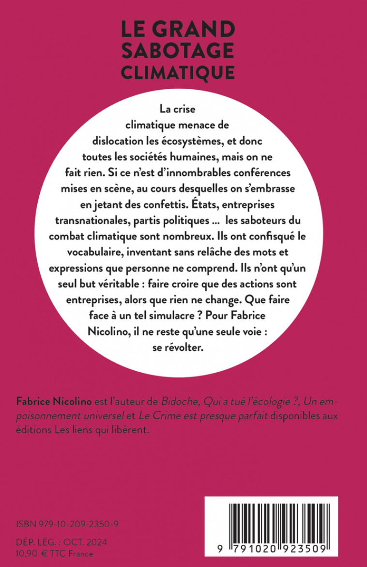 Le grand sabotage climatique -  NICOLINO FABRICE, Fabrice Nicolino - LIENS LIBERENT