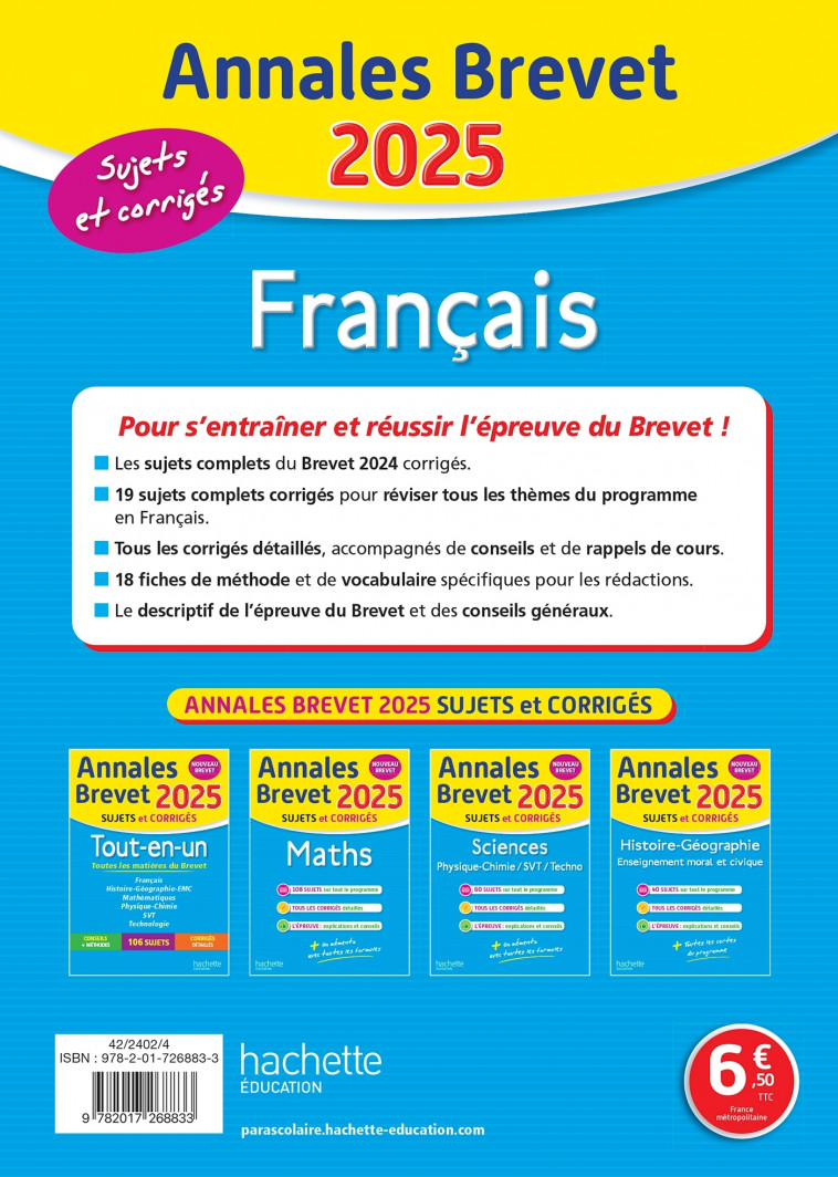 Annales BREVET 2025 - Français 3e - sujets et corrigés - Brigitte Réauté, Michèle Laskar - HACHETTE EDUC