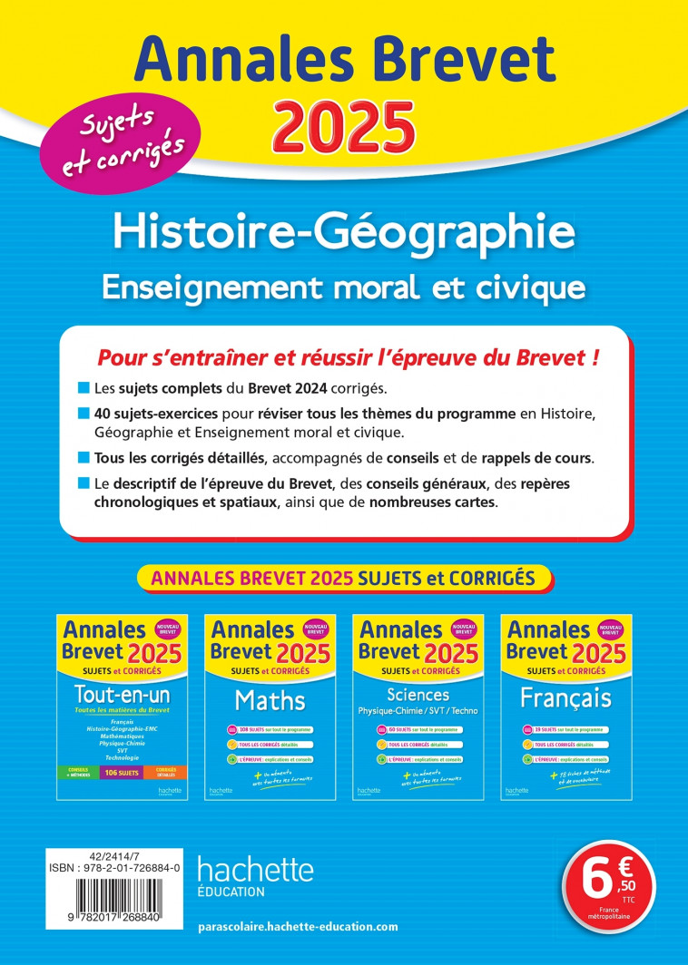 Annales BREVET 2025 - Histoire-géo-EMC 3e - sujets et corrigés - Christophe Saïsse - HACHETTE EDUC