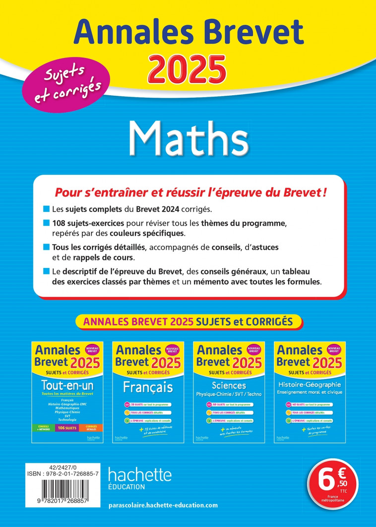 Annales BREVET 2025 - Maths 3e - sujets et corrigés - Philippe Rousseau - HACHETTE EDUC