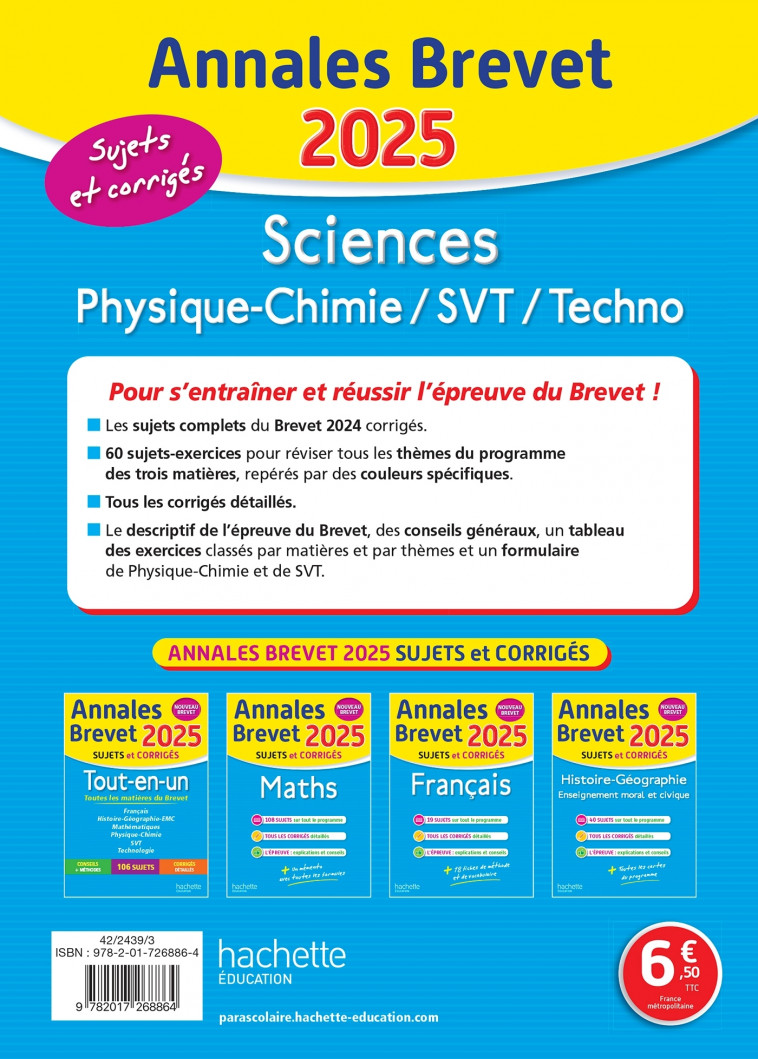 Annales BREVET 2025 - Sciences 3e - sujets et corrigés - Sébastien Dessaint, Malorie Gorillot - HACHETTE EDUC