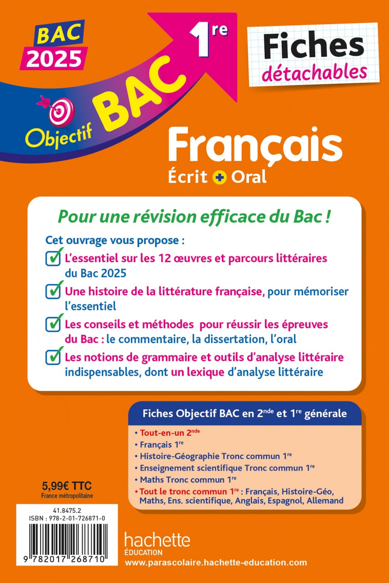 Objectif BAC Fiches détachables Français 1re BAC 2025 - Amélie Pinçon, A Sourisse - HACHETTE EDUC