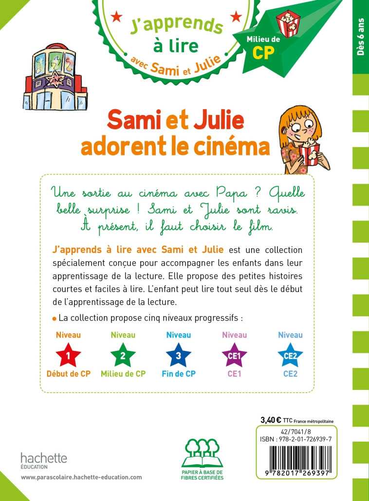 Sami et Julie CP niveau 2 Sami et Julie adorent le cinéma - Sophie De Mullenheim - HACHETTE EDUC